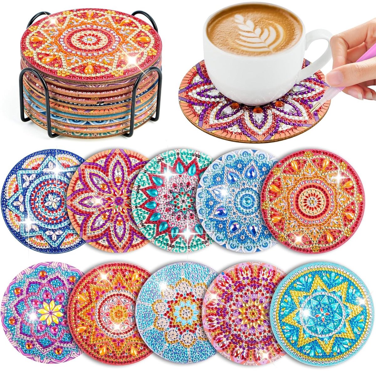 10-pack Diamond Painting-onderzetters (met standaard), Diamond Cup-onderzetters, Diamond Painting-knutsels voor volwassenen, DIY Mandala-onderzetters, antislip, Houten Kork Basis, Creatief Knutselpakket voor Kinderen & Volwassenen