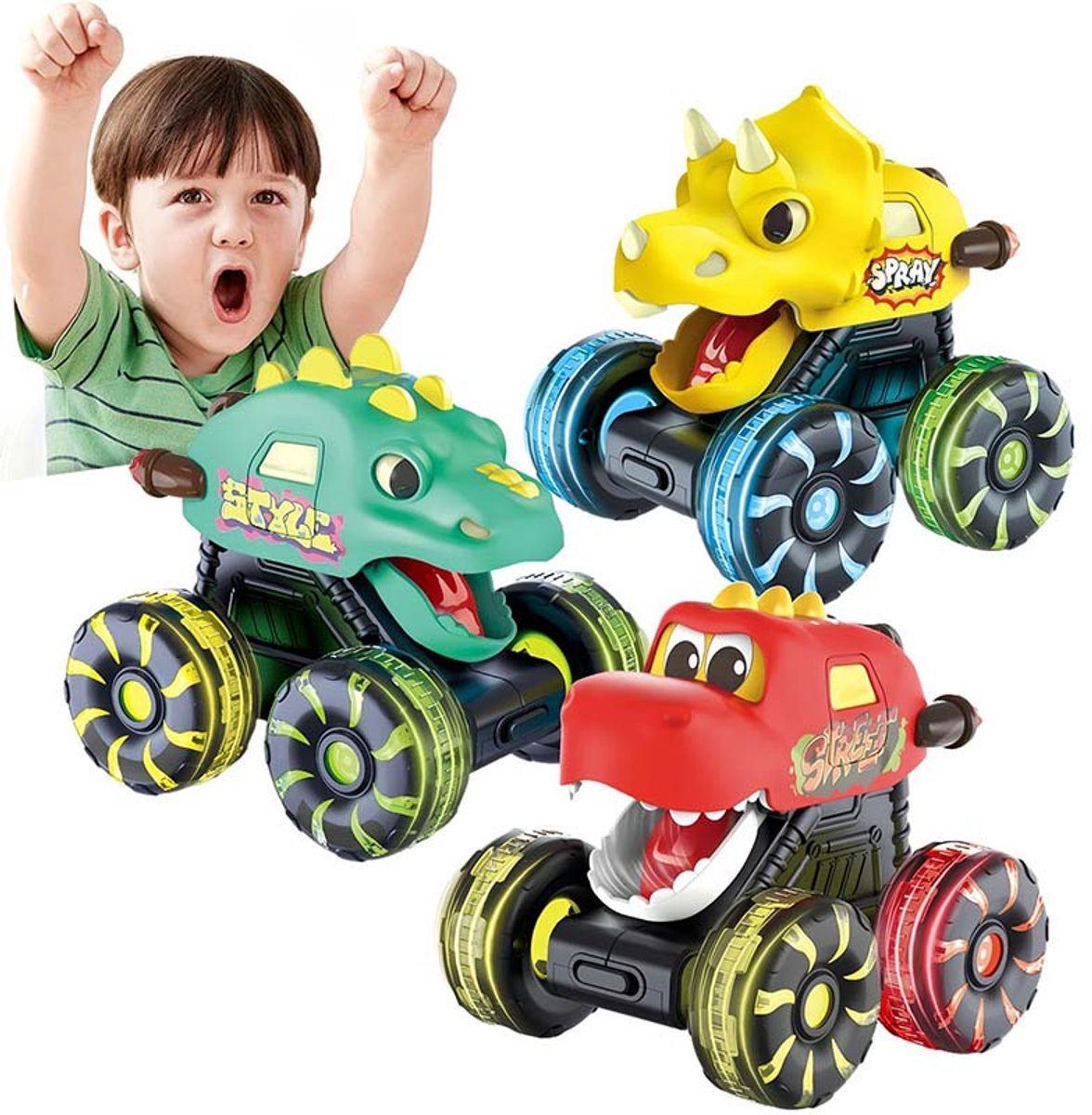 3 Stuks Dinosaurus Autospeelgoed - Lichtgevende Wielen Monstertruck - Druk- En Traagheidsaandrijving Met Verlichting - Geschikt Voor Kinderen Van 2-8 Jaar (Rood + Groen + Geel)