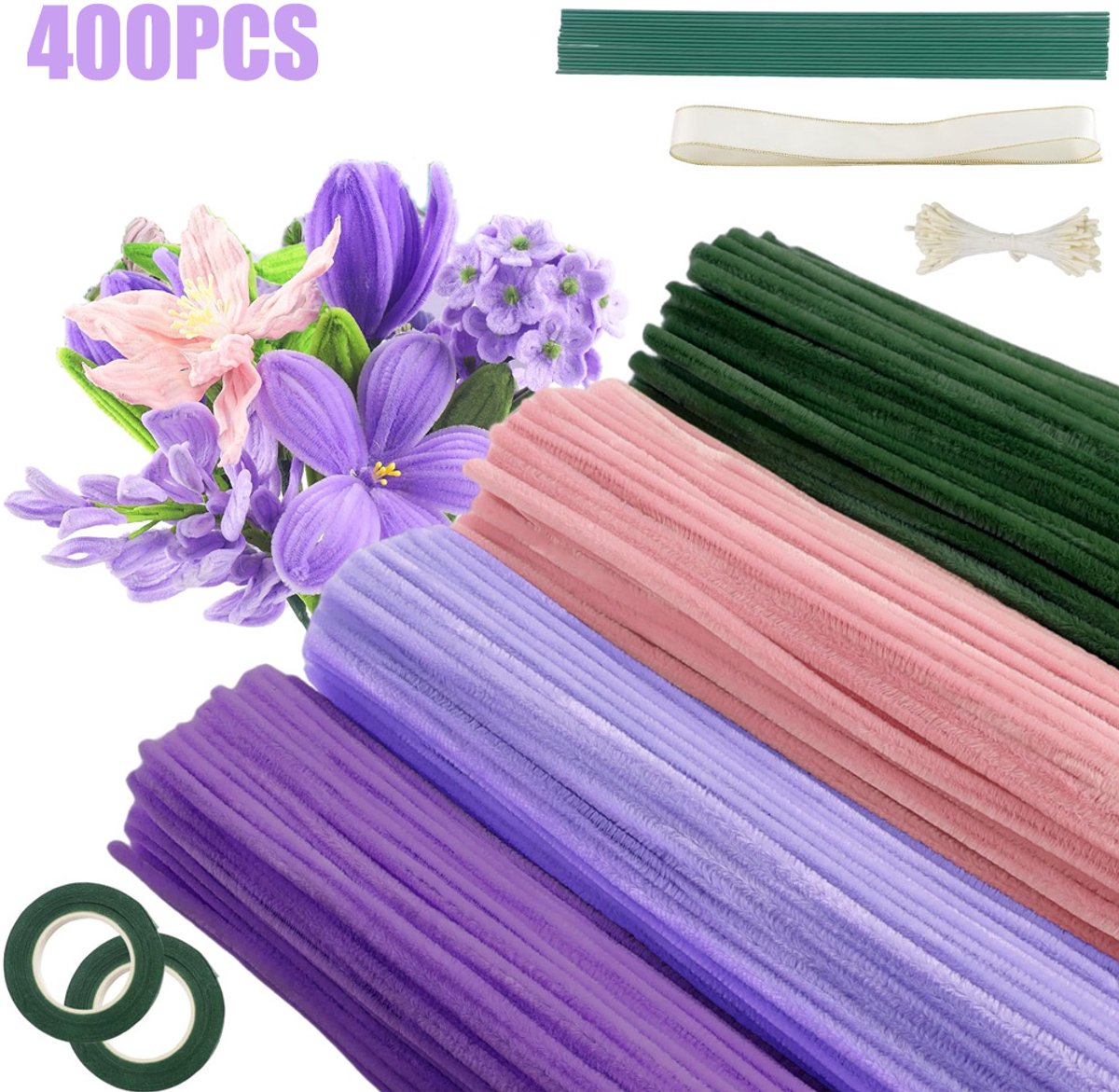 400 stuks pijpenragers voor knutselen - 5 verschillende kleuren pijpenragers in bulk - Chenille stengels voor DIY bloemen - Kitset met bloemendraad, tuintape, meeldraden en lint (kleurrijk)