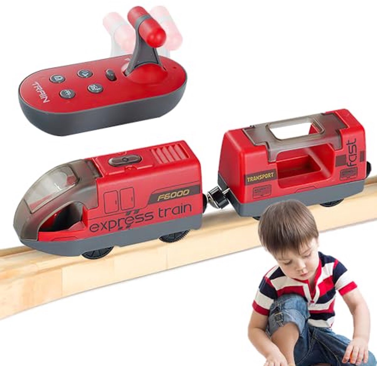 Elektrische afstandsbedieningstrein, compatibel met houten rails, gemotoriseerde trein met afstandsbediening, 4 geluids- en lichteffecten voor kinderen van 3, 4, 5 jaar en ouder, rood