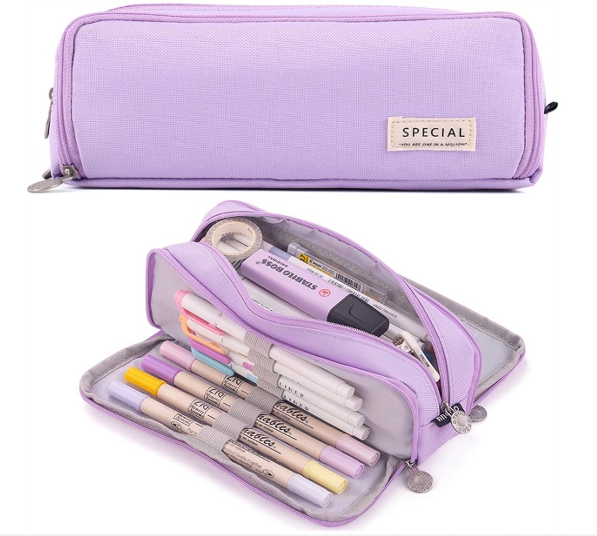Grote Capaciteitspotlood Opbergdoos Met 3 Compartimenten, Academie -Potloodtas Geschikt Voor Meisjes En Dames, Potloodzak (Paars)
