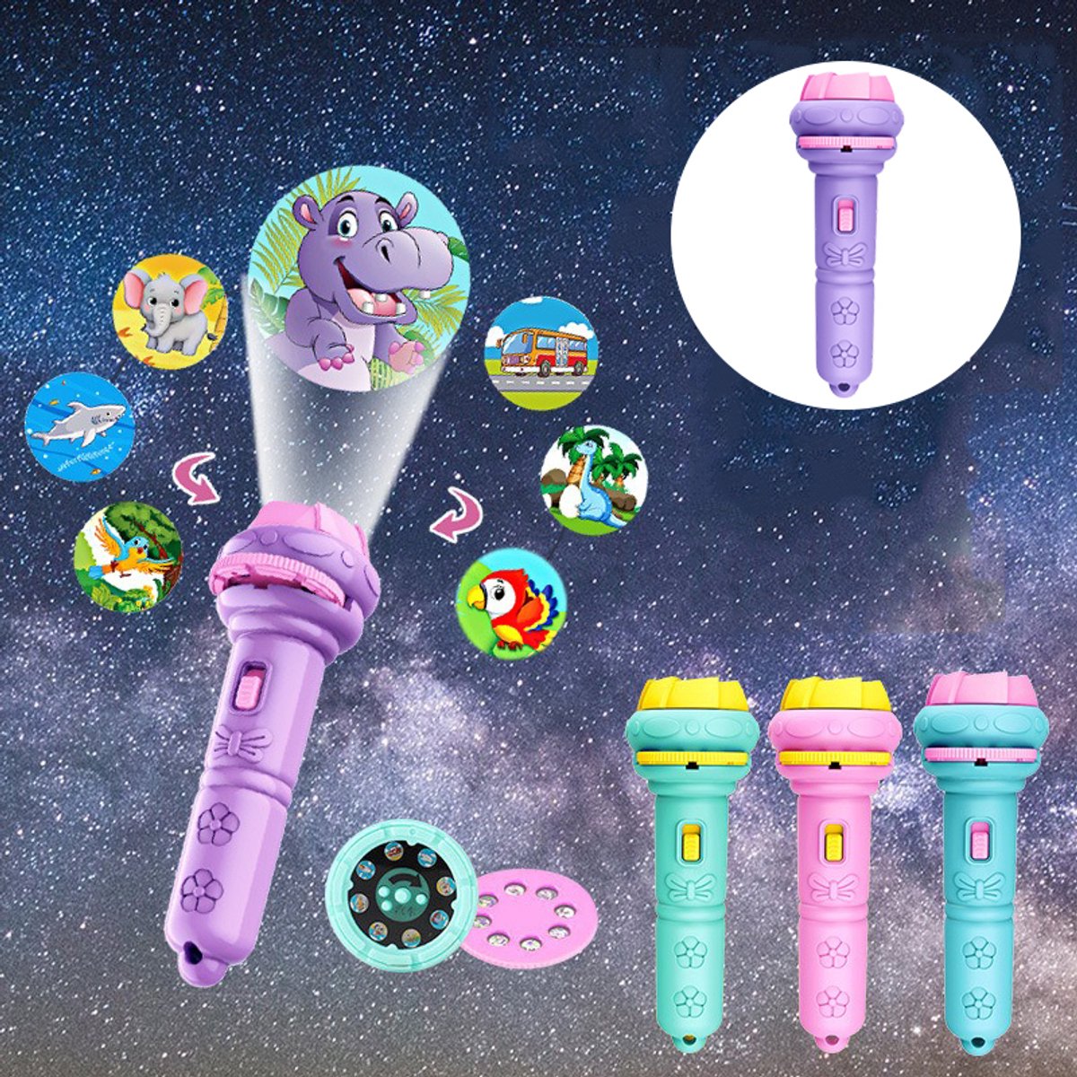 Kinderen Projector Zaklamp met 10 Dia’s - Educatief Speelgoed, Nachtlampje, Mini Beamer voor Peuters, Interactief Cadeau, Multifunctioneel Lichtspeelgoed - Paars
