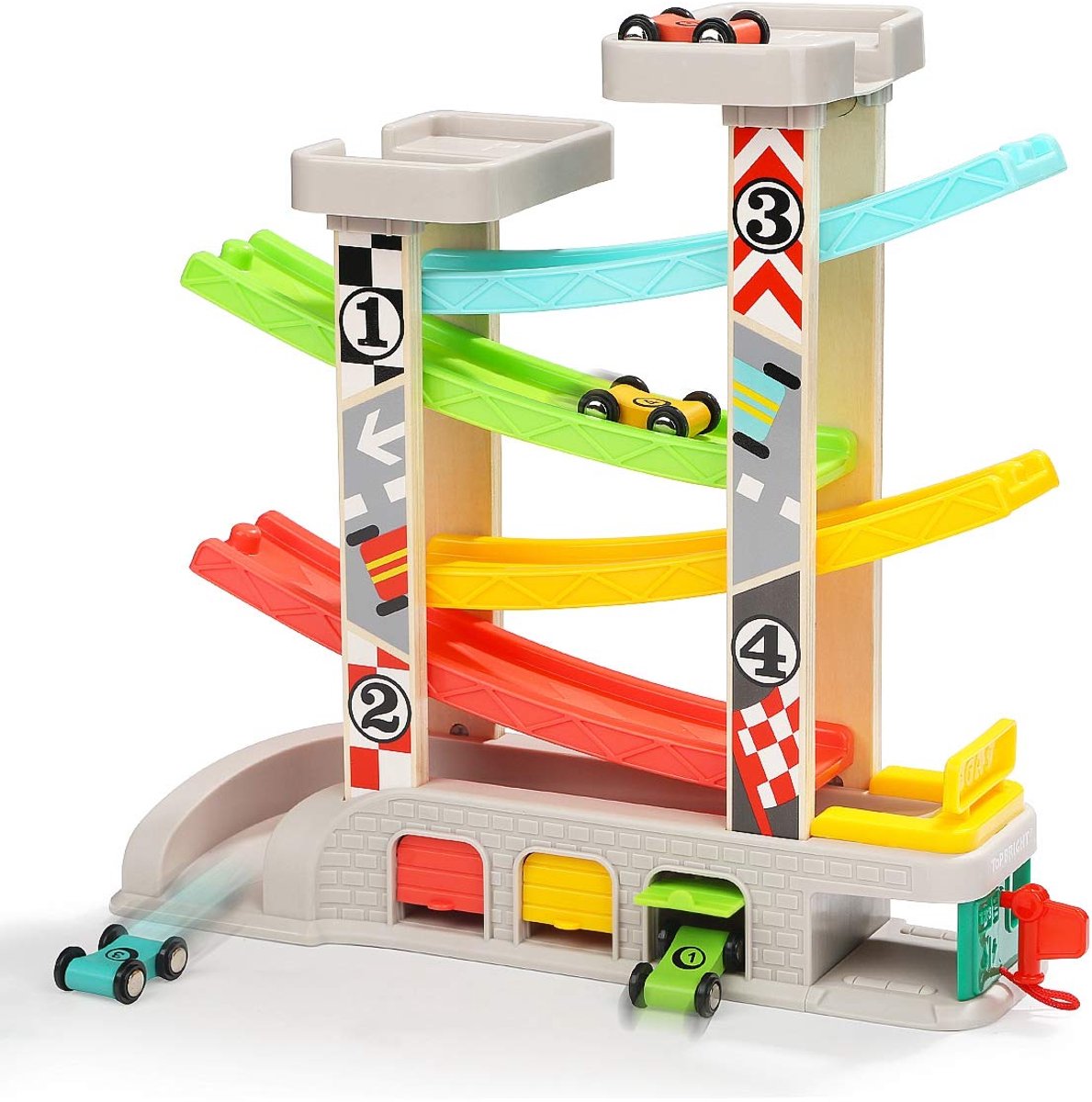 Knikkerbanen - Autoracebaan Houten Speelgoed met Garage - Knikkerbaan Autos Hout vanaf 1 2 Jaar - Houten Kinderspeelgoed 12 Maanden Jongens