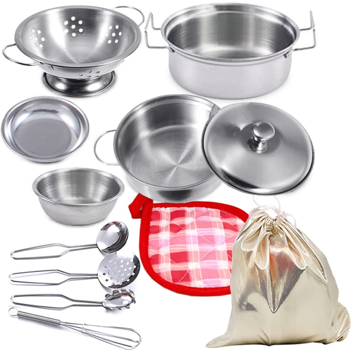 Montessori Keuken - Mini Keuken Speelgoed met kookaccessoires - Roestvrijstalen speelgoed kookgerei en pannen set - Kookset voor kinderen - Speelgoedpannen en -potten voor peuters (klein formaat)