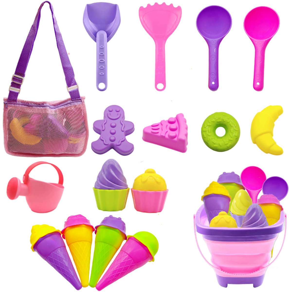 Opvouwbare strandspeelgoedset - voor kinderen, peuters en meisjes, opvouwbare zandemmer en schepjes set met netzak en zandvormpjes, ijsjes reiszandspeelgoed voor op het strand, zandbakspeelgoed voor peuters en kinderen
