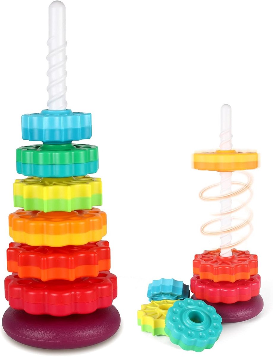 Rainbow Spin Tower – Educatief stapel- en draaibaar speelgoed voor peuters – 6 kleurrijke schijven – Montessori sensorisch speelgoed voor baby’s en kinderen 1-3 jaar