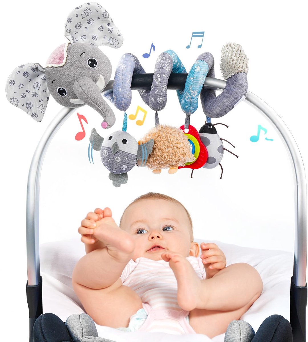 Speelgoed voor in de autostoel voor in de wieg - Baby 0-3-6-9-12 maanden - Hangende sensorische speeltjes voor op de buik - Pasgeborene met muziekdoos en bijtring - Speelgoed voor in de autostoel met spiraal - Cadeaus voor jongens en meisjes