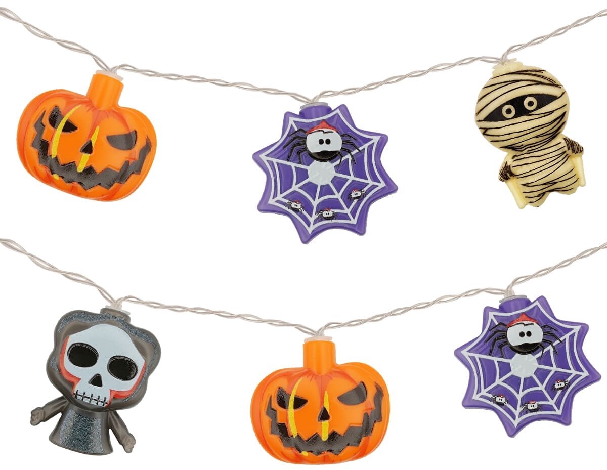 Halloween Lichtsnoer - 1.5 Meter - 10 LED Lampjes - Pompoen, Magere Hein, Mummie, Spin Inclusief Batterijen - Warm Wit Licht