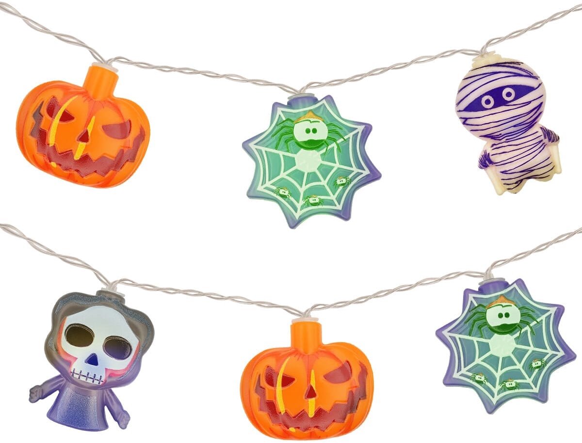 Halloween Lichtsnoer Gekleurd - 3 Meter - 20 LED Lampjes - Pompoen, Magere Hein, Mummie, Spin - Inclusief Batterijen - Gekleurd Licht
