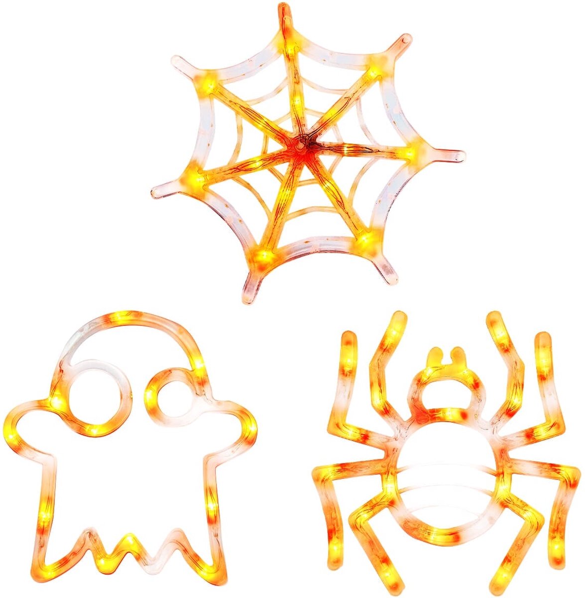 Halloween Verlichting Raam Set - 20 cm - Spinnenweb, Spin, Spook - Met Zuignap - 3 stuks