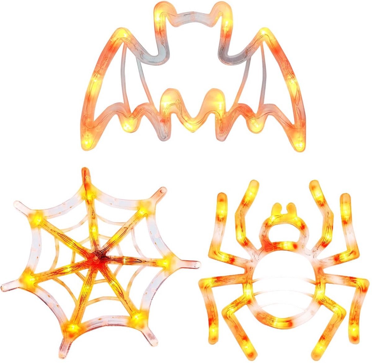Halloween Verlichting Raam Set - 20 cm - Spinnenweb, Spin, Vleermuis - Met Zuignap - 3 stuks