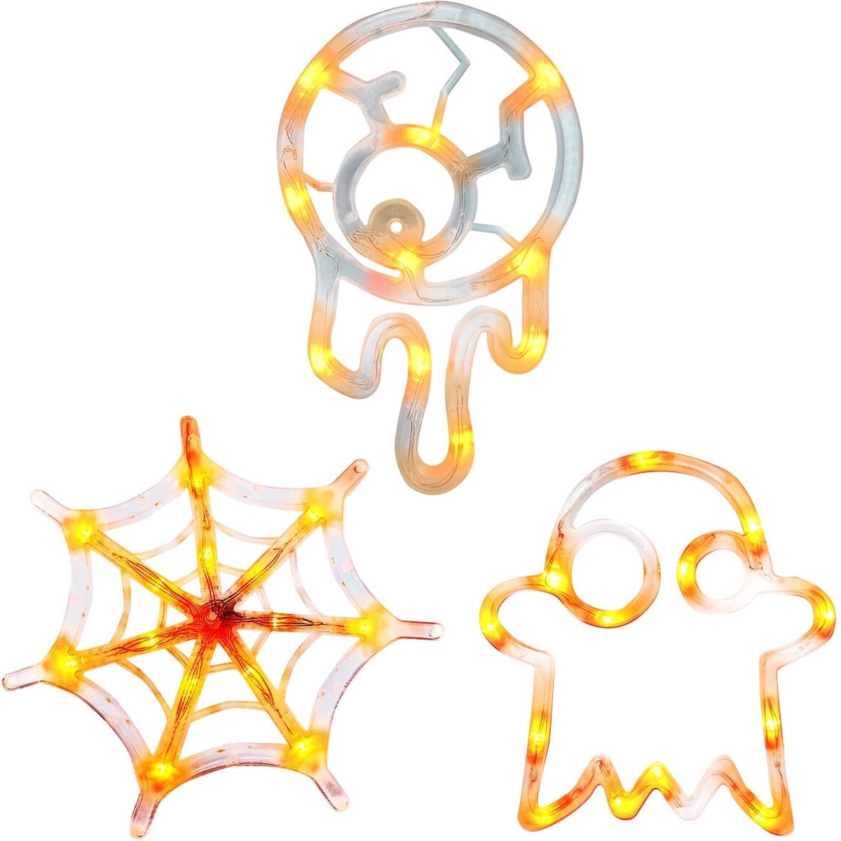 Halloween Verlichting Raam Set - 20 cm - Spinnenweb, Spook, Oogbal - Met Zuignap - 3 stuks