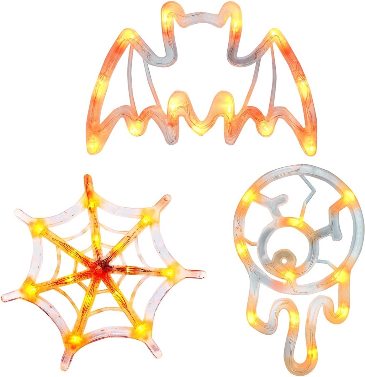 Halloween Verlichting Raam Set - 20 cm - Spinnenweb, Vleermuis, Oogbal - Met Zuignap - 3 stuks