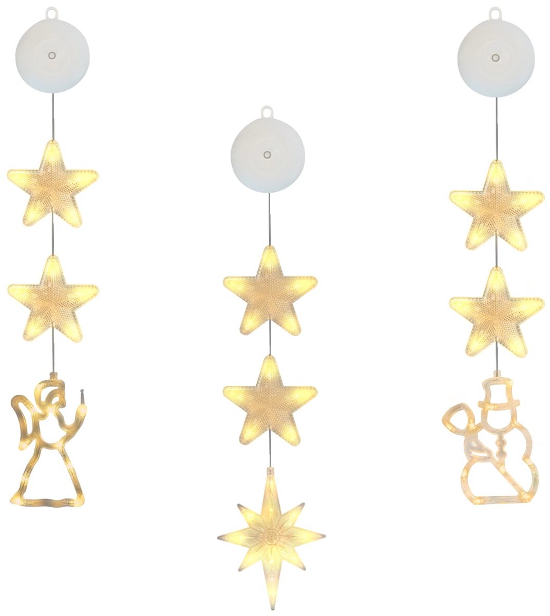 Kerstverlichting Raam Engel, Noorderster, Sneeuwpop - 73-82cm - Inclusief Batterijen - Kerstversiering met Zuignap - Warm Wit