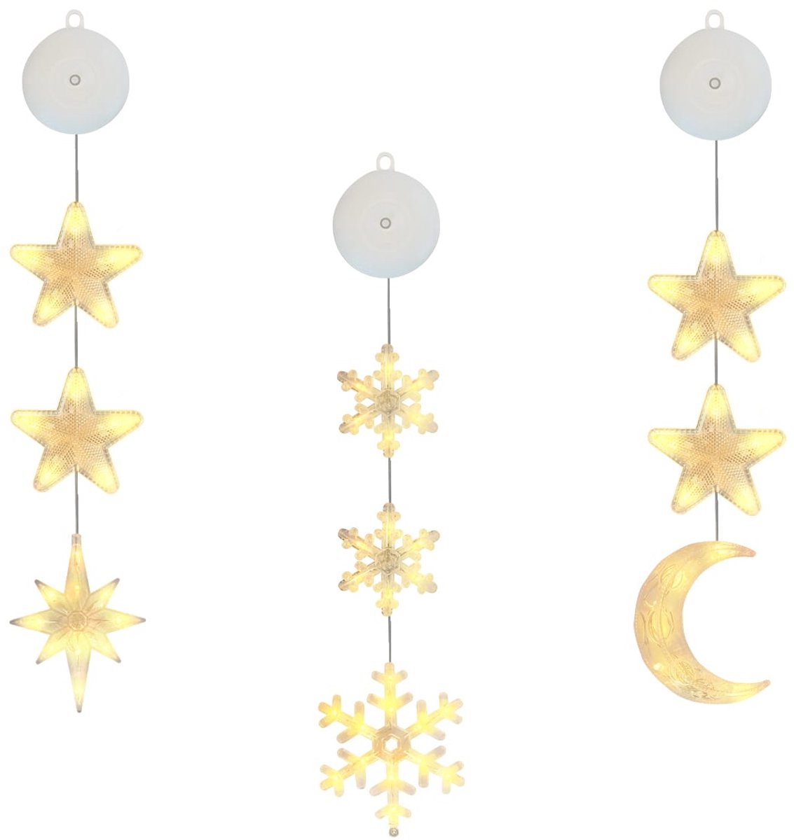 Kerstverlichting Raam Maan, Noorderster, Sneeuwvlokken - 73-82cm - Inclusief Batterijen - Kerstversiering met Zuignap - Warm Wit