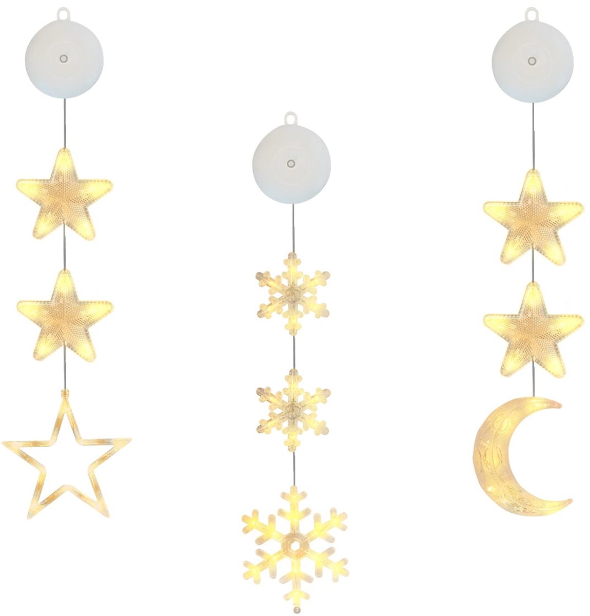 Kerstverlichting Raam Ster, Maan, Sneeuwvlokken - 73-82cm - Inclusief Batterijen - Kerstversiering met Zuignap - Warm Wit