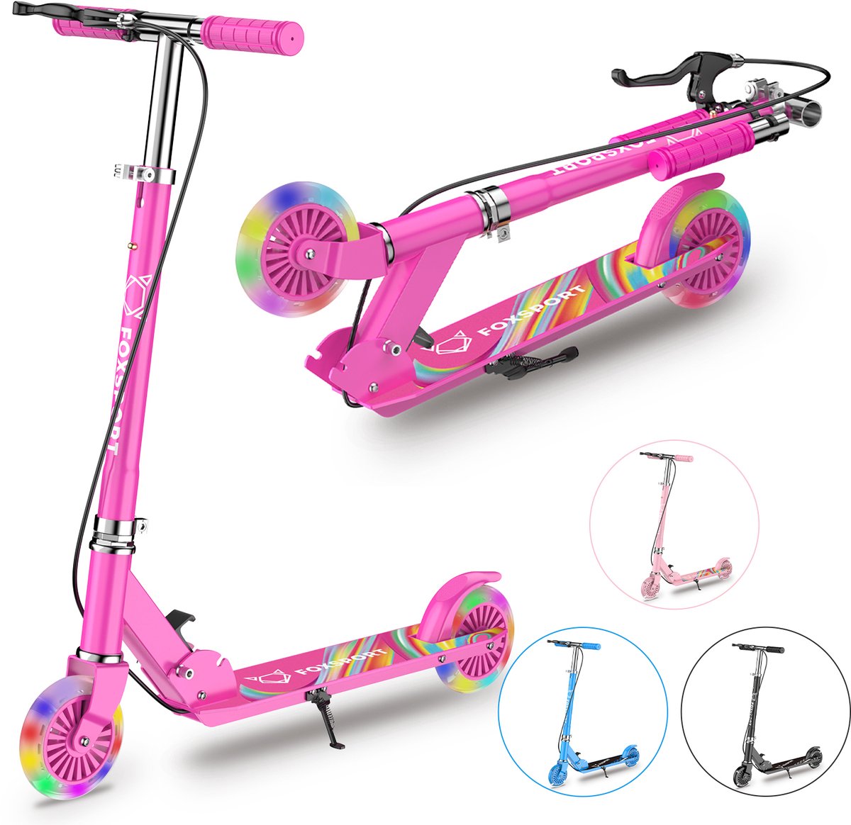 OFMOTRA Kinderstep - Scooter - met LED wielen - Opvouwbaar - Drie instelbare hoogte - met voetrem en handrem - Draagkracht tot 100 kg - rode roos