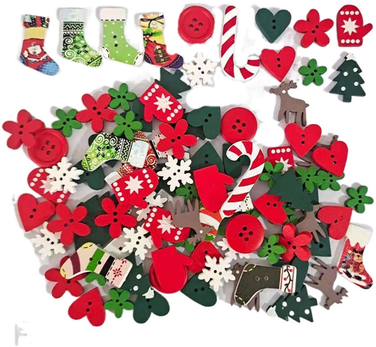 OIMG 100 Pieces Christmas Wooden Buttons - Button Sewing Flat Buttons - Double Holes - Mini Christmas Stockings - Snowflake Heart Shaped Christmas Trees - Mixed Patterns - Great for DIY Arts and Crafts Projects and Christmas Decorations