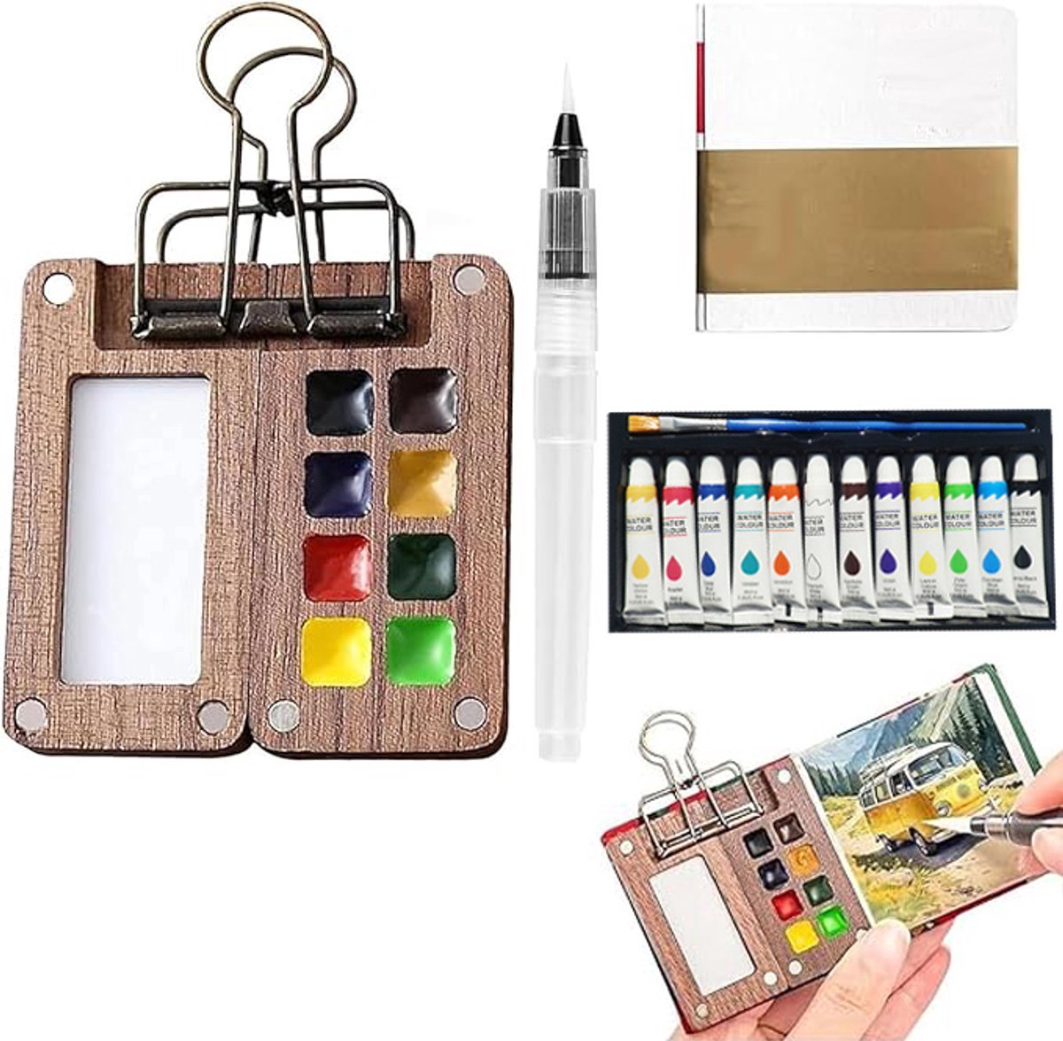 OIMG Mini Aquarelverfset voor reizen - draagbaar palet met 8 roosters - Mini Houten Palet Box - Pocket Reizen Verf Tray Doos - met Metalen Clip - 12 kleuren aquarelschilderpalet met aquarelpenselen - waterverf schetsboek