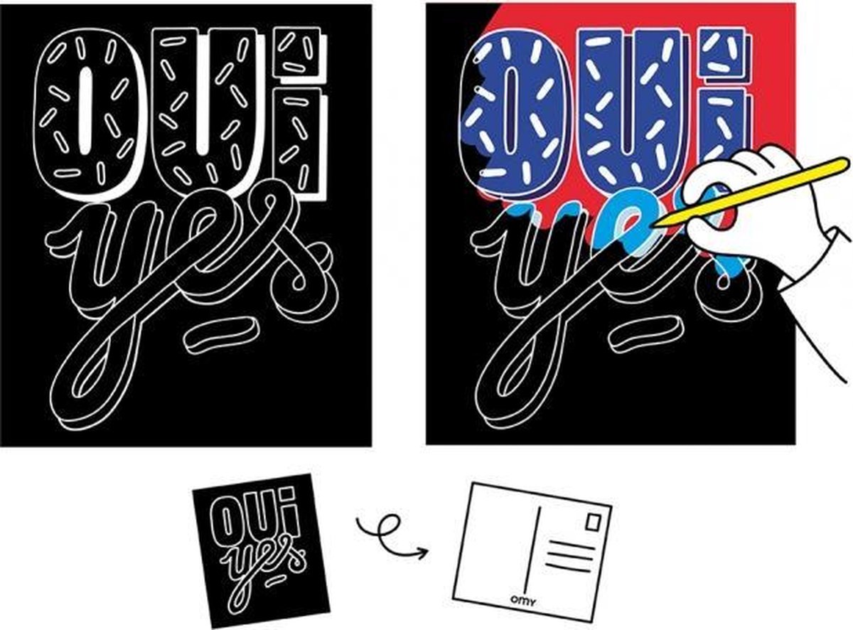 OMY - MINI KIT SCRATCH BORD Scratch the Black Surface with the Wooden Tool Surprise! A Pretty Multicoloured ImageAppers - YES