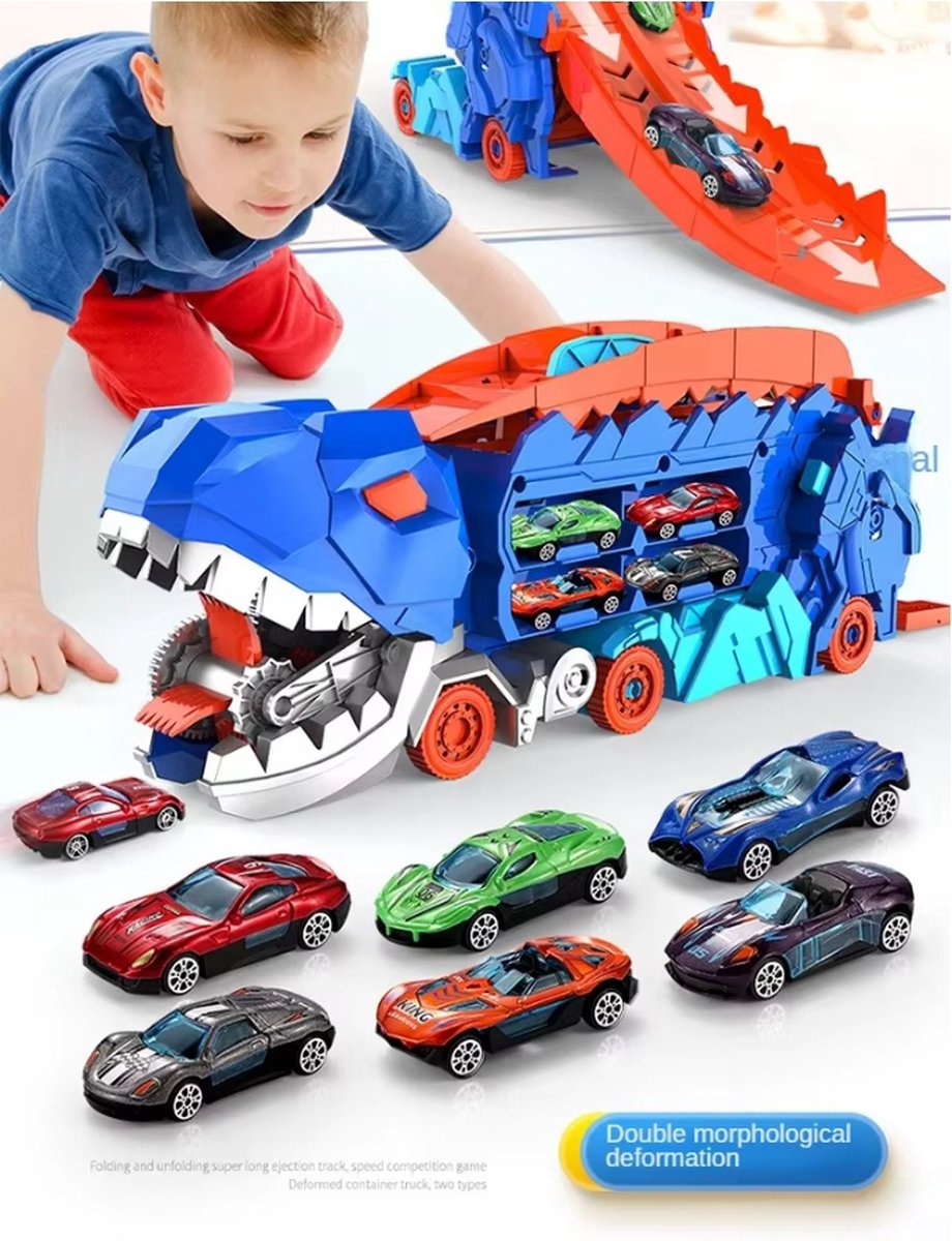 Blauwe dinosaurus vrachtwagen met 6 kleine autos - speelgoed vrachtwagen - dinosaurus speelgoed - dinos - oplegger