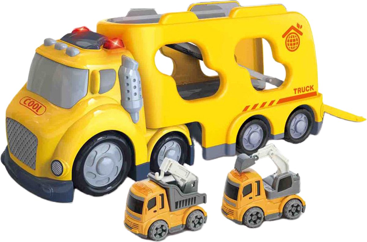 Speelgoed vrachtwagen 30cm met licht en geluid en één kleine auto - oplegger - speelgoed truck - bouw