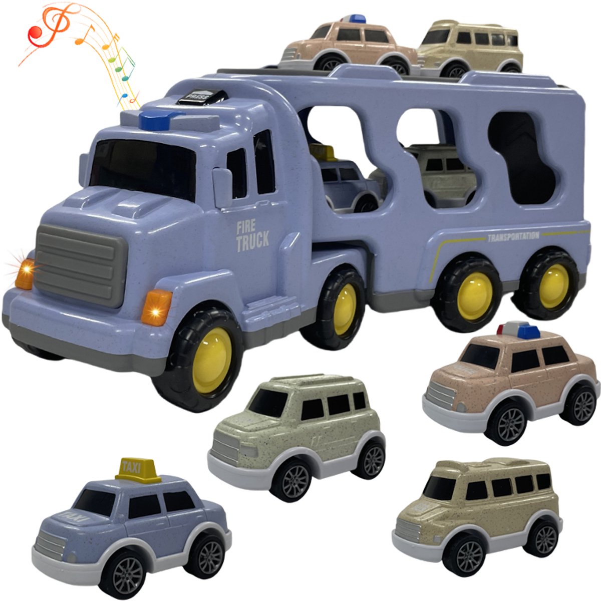 Speelgoed vrachtwagen 33cm met licht en geluid en vier kleine autootjes - oplegger - speelgoed truck - licht blauw