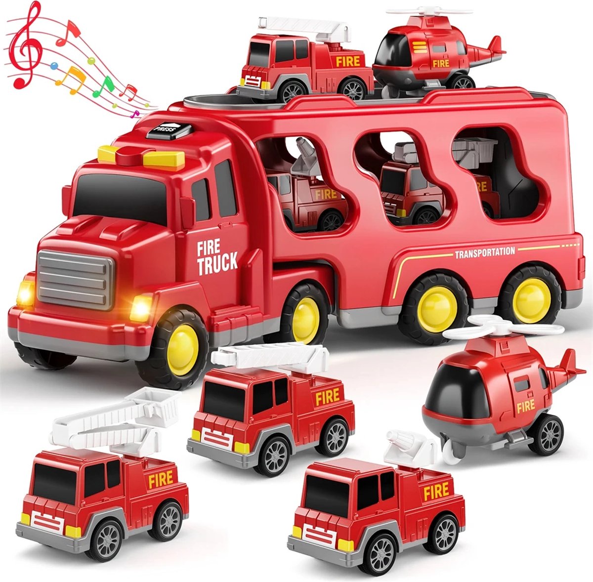 Speelgoed vrachtwagen 33cm met licht en geluid en vier kleine autos - oplegger - speelgoed truck - brandweer