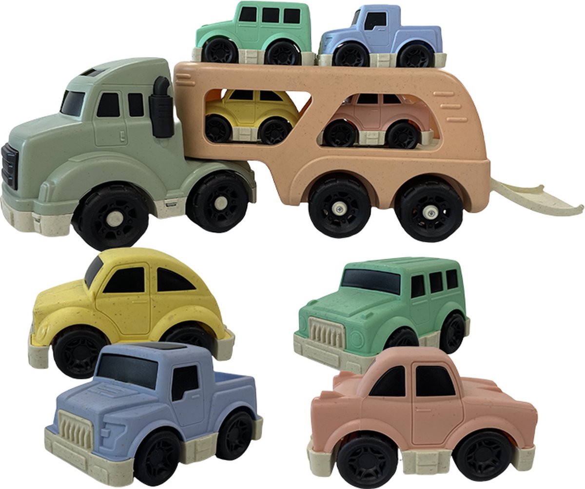 Speelgoed vrachtwagen 39cm met vier kleine autos - oplegger - speelgoed truck