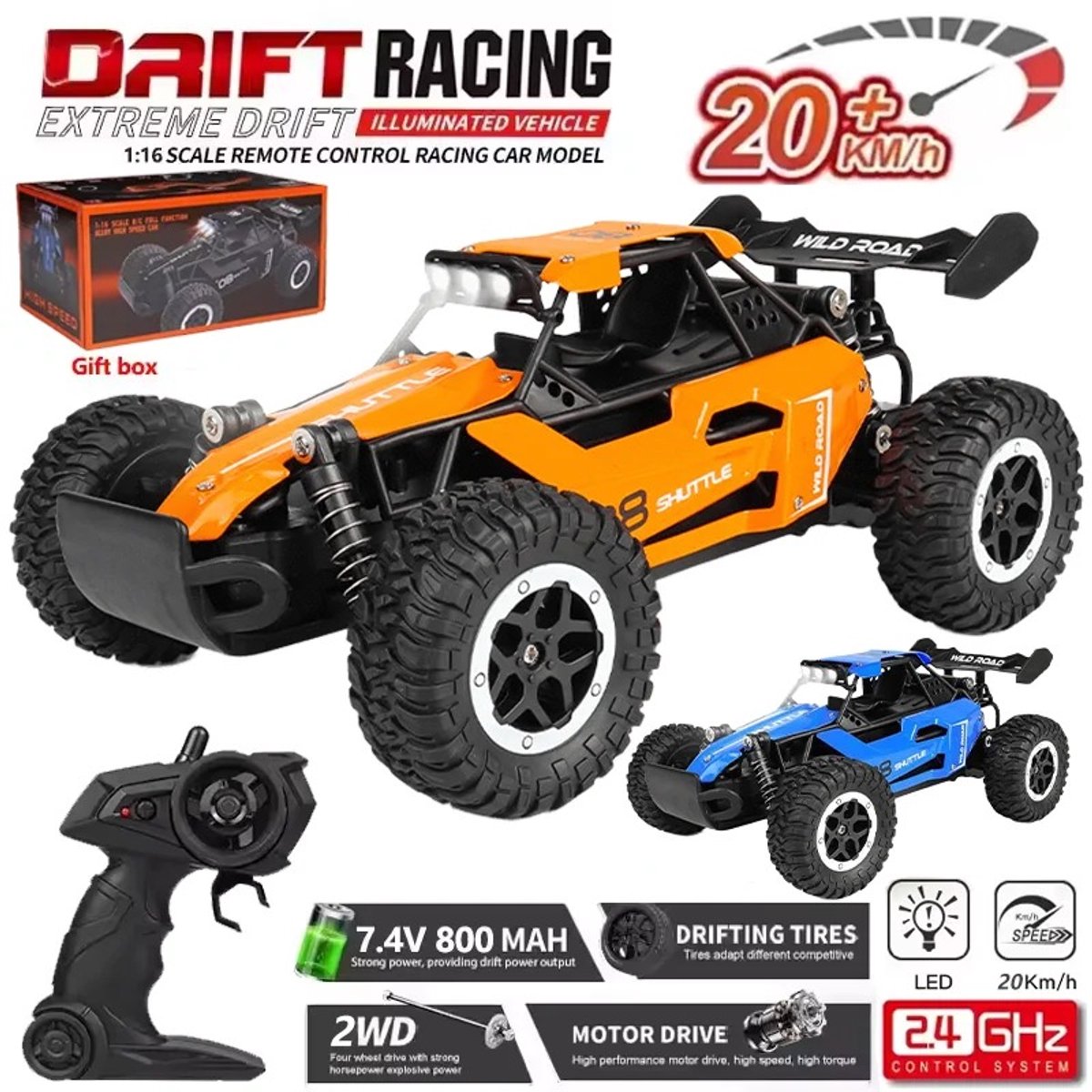 2.4Ghz Anti-Jamming - Technologie ORANJE Radio 1:16 Model Snelle Rc Auto Led Knipperende Koplampen 2wd Off Road Afstandsbediening + Racing Drift Klimauto Uitgerust Hoogwaardige Geborstelde Motoren Snelheid tot 20km/u RUWE Wegen- Zand- CADEAU