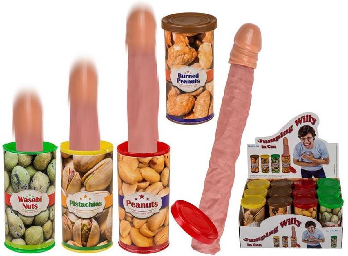 Plastic Jumpende Willy in Blik Grappig Cadeau 3 kleuren