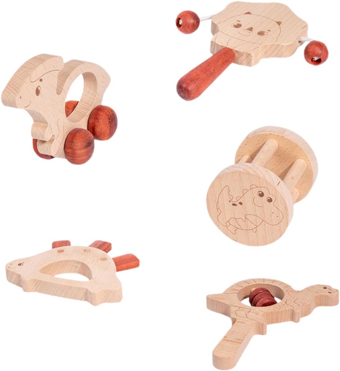 OUYLAF handbel - houten handbel - Rammelaar - rammelaar baby - rammelaars -rammelaar hout - 5pcs
