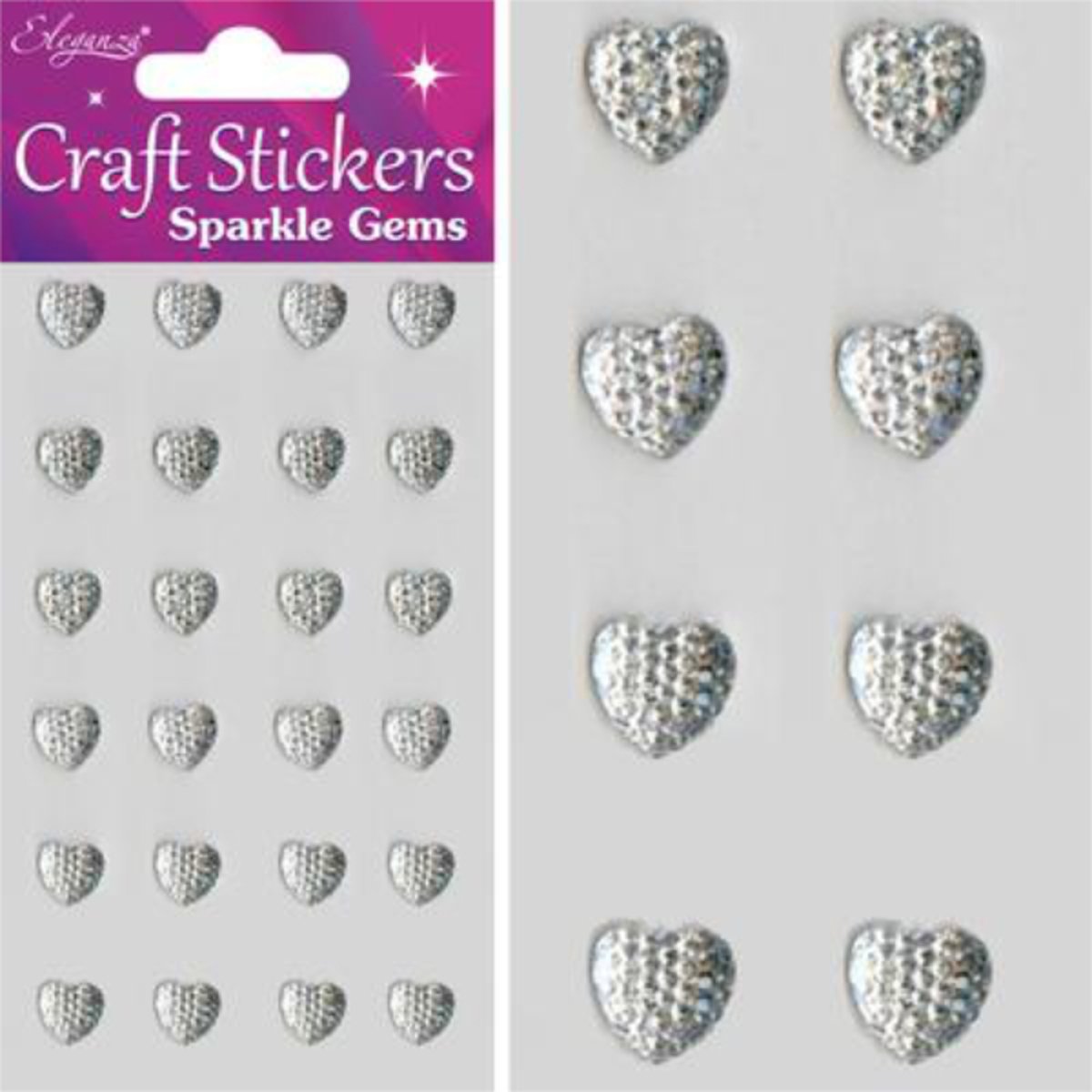 Stickers Diamanten Hartjes Glitter zilver (24) (per vel)
