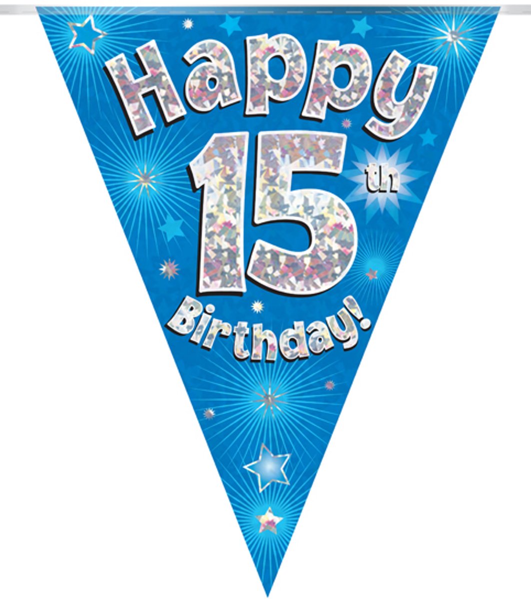 Vlaggenlijn/slinger 15 jaar Glitter blauw, 3,9 meter