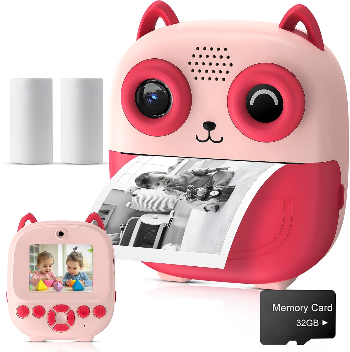   3-in-1 Digitale Kindercamera met Instant Print - Digitale Fotocamera & Vlogcamera - 24MP - 32GB SD Kaart & Kaartlezer - Selfie Camera - Foto & Video - Filters & Spelletjes - Incl. 2 Printrollen - Roze
