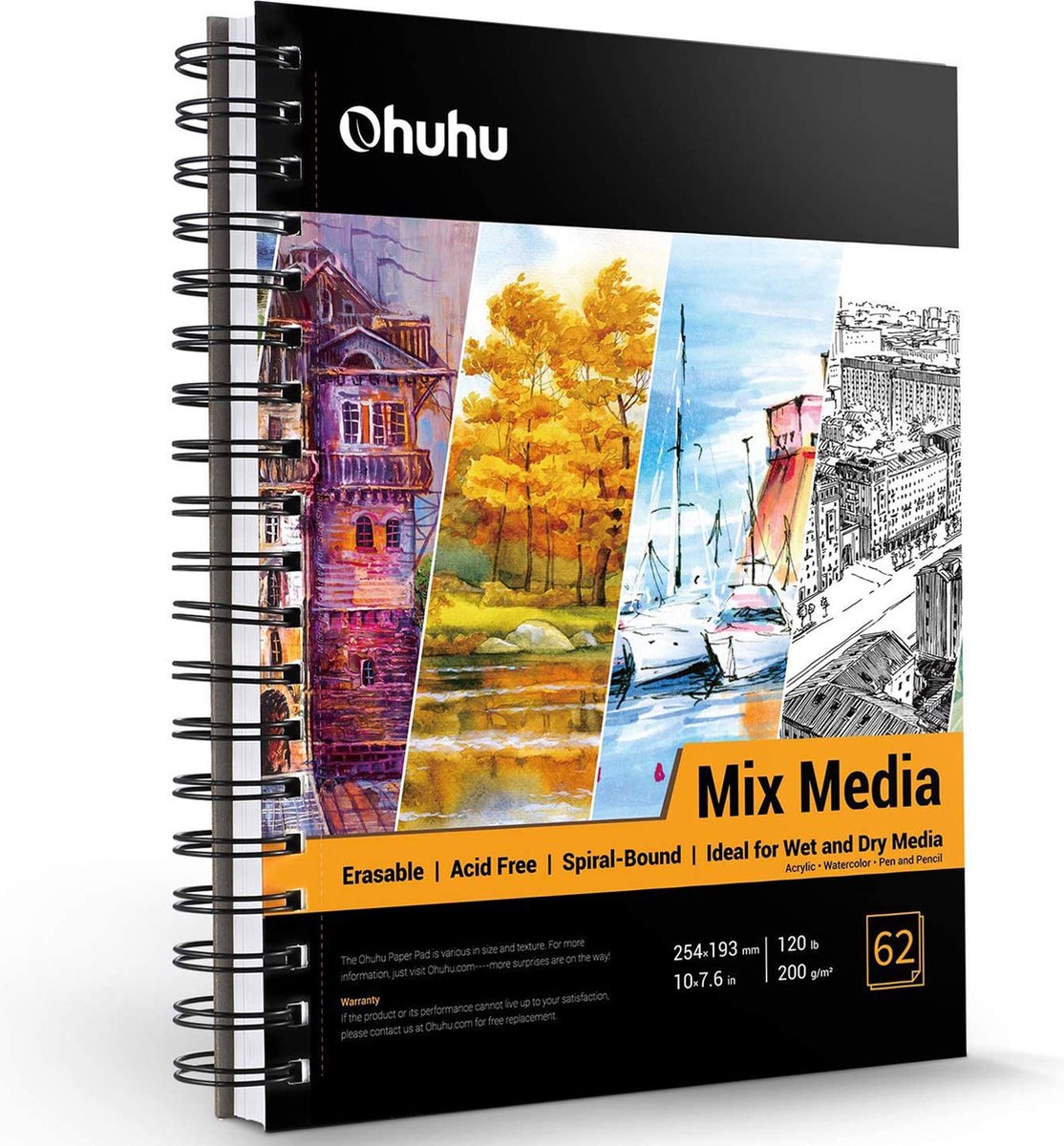 Ohuhu - Mixed Media papier spiraalblok 25,4 x 19,3 cm - 200 grams - 62 vellen