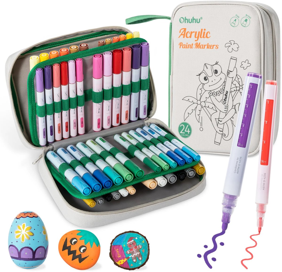 Ohuhu Acrylic Marker Pens – 24 Fine Tips & 24 omkeerbare punten (Chisel en round) – totaal 48 markers in etui