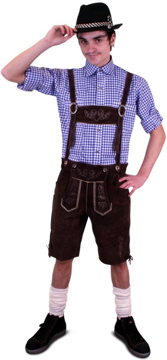Korte lederhosen bruin echt leer - maat 58 XL - Oktoberfest suede Tiroler donkerbruine leren heren lederen broek Tirol lederhose carnaval