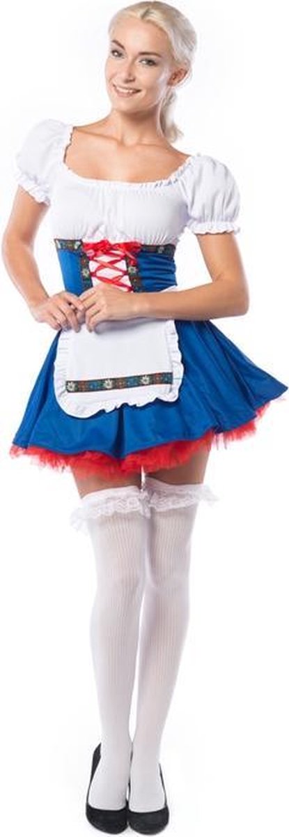Tiroler Jurkje � Dirndl Oktoberfestbabe - Oktoberfest kleding voor dames � Dirndl jurkje maat L � Verkleedkleding voor dames kleur blauw met rood