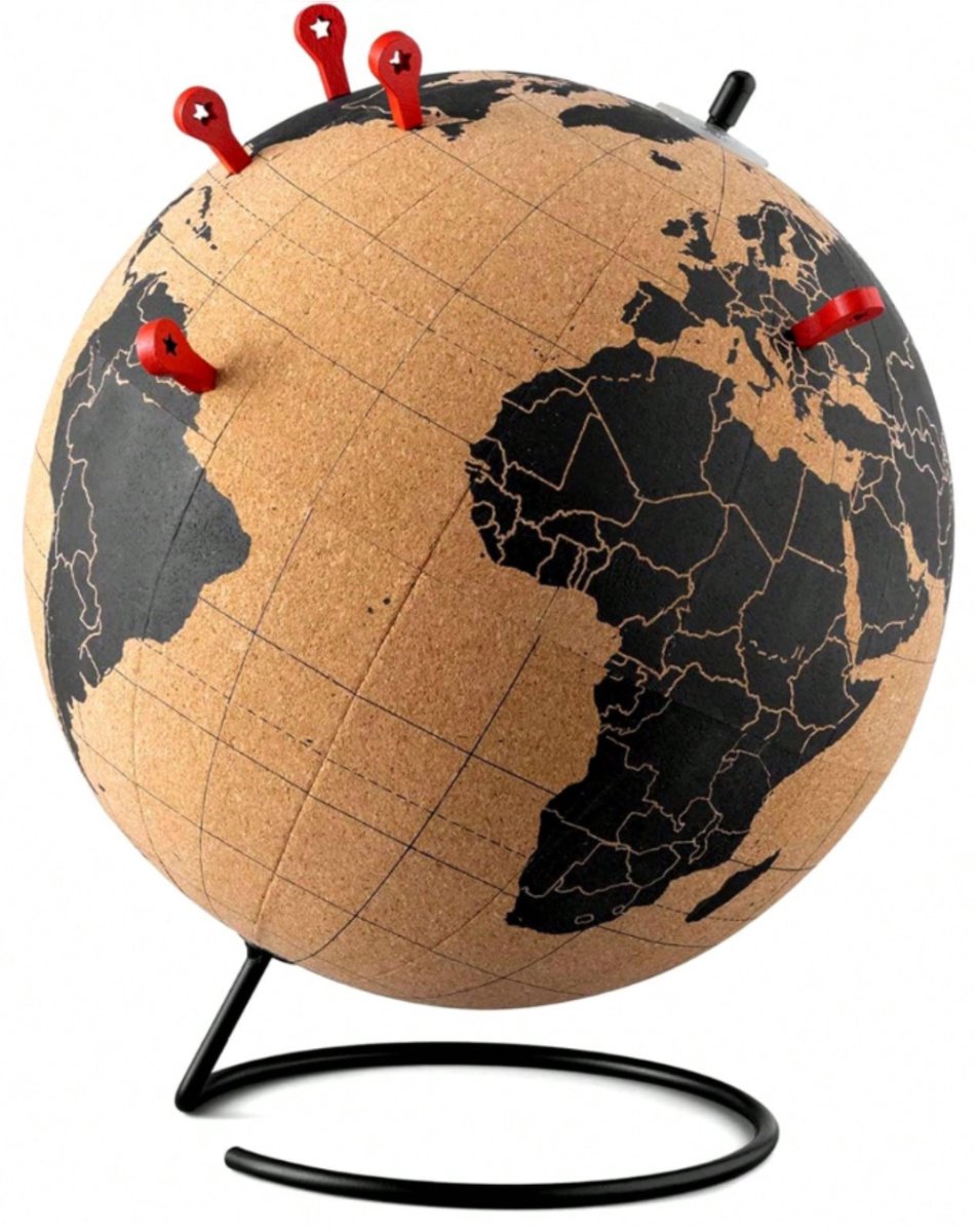 OliaLiving® Wereldbol Kurk - Met 10 Punaises - Globe Kurk - Kurk Wereldbol - Wereldkaart Kurk - Pin Your Travels - Met Vlaggetjes - Wereldbol Prikbord