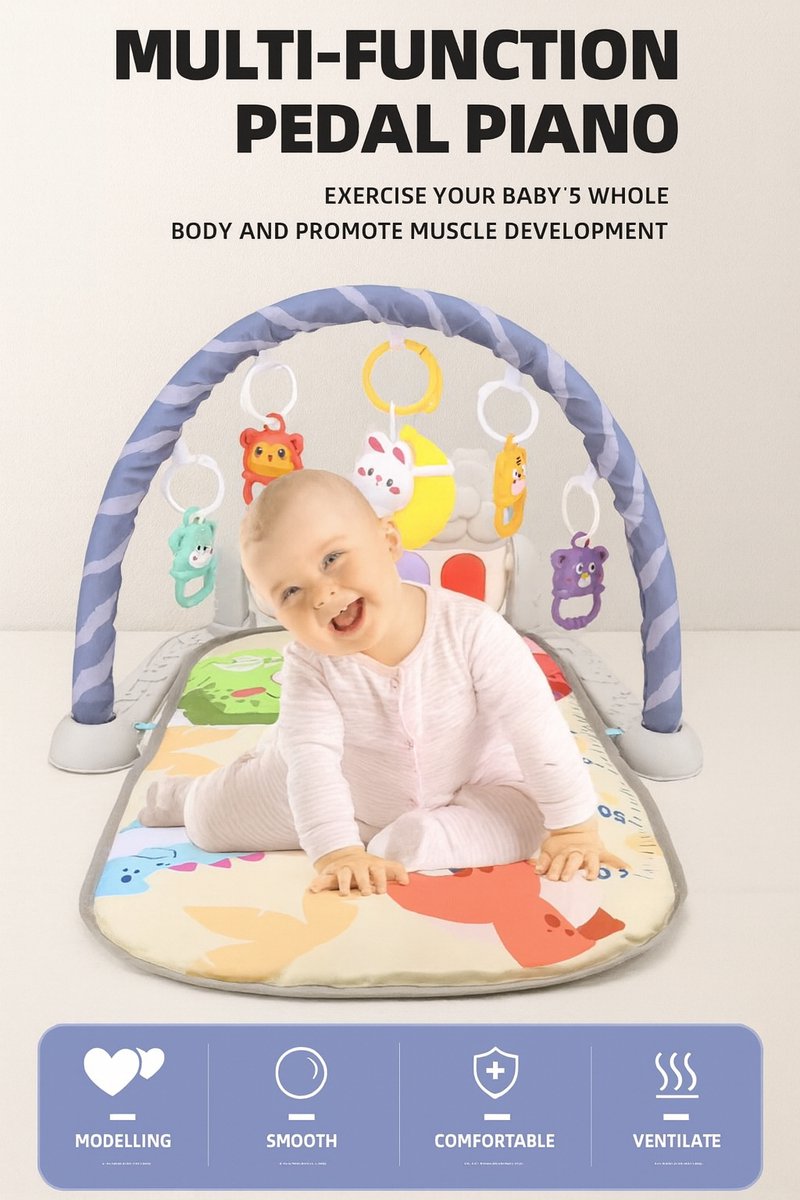 Babygym met Geluid en Speeltjes – Interactieve Baby Speelmat en Speelkleed – Vanaf 0+ Maanden – Baby Speelgoed – 75x56cm – Babyblauw