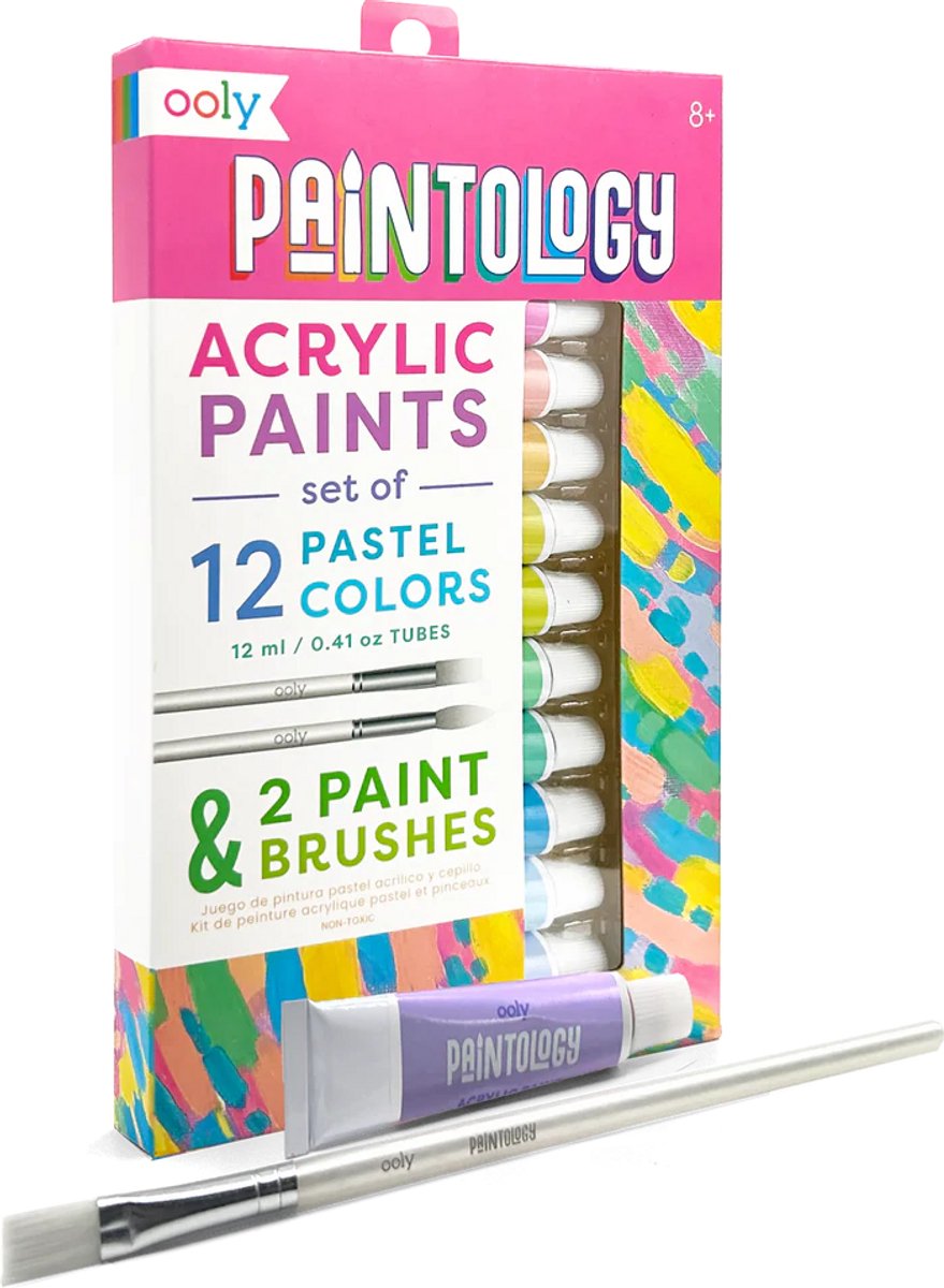Ooly - Paintology Acrylverf Set - Pastelkleuren - Set Van 12 Kleuren - Set Bevat 12 Tubes Acrylpastelkleurige Verf En 2 Penselen (Een Dun En Een Breed) - Geschikt Vanaf 8 Jaar