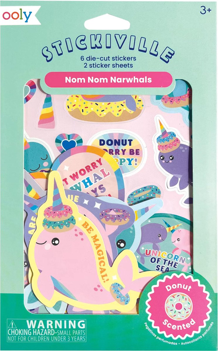 Ooly - Stickiville Nom Nom Narwhals Scented Stickers - Naar Donut Geurende Stickers - Twee Vellen Papieren Stickers En Zes Gestanste Stickers - Geschikt Vanaf 3 Jaar