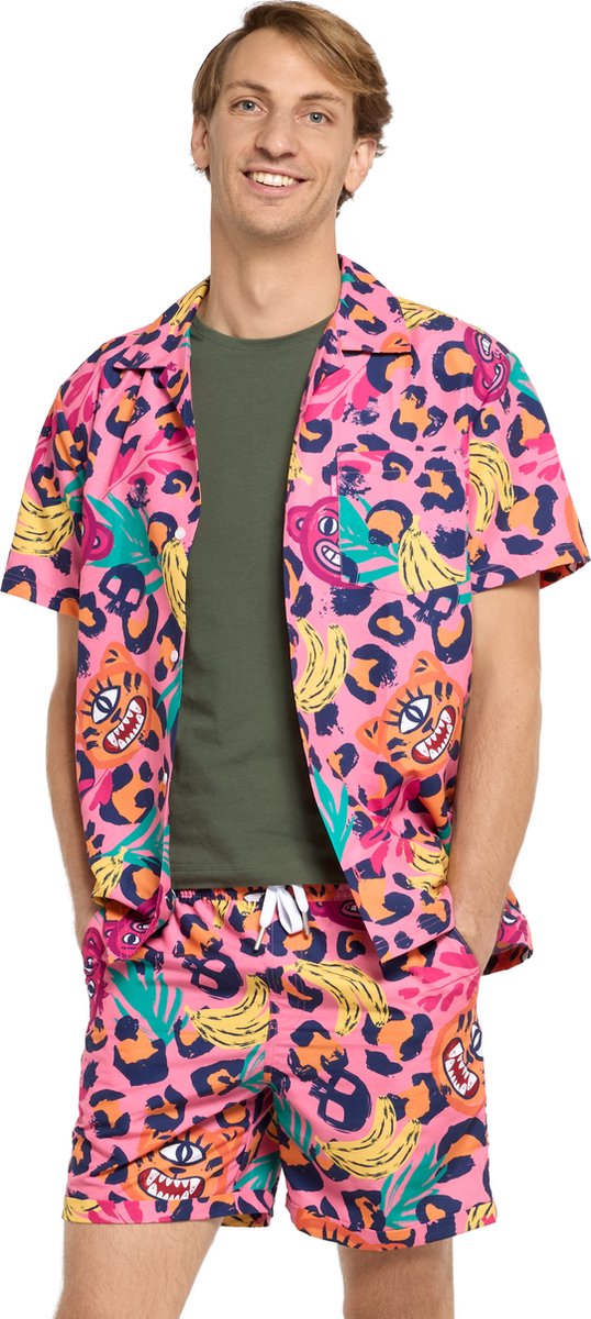 OppoSuits Jazzy Jungle Zomer Set - Heren Zomer Set Met Jungle Print - Bevat Shirt En Shorts - Festival Panterprint Outfit - Carnavalskleding - Roze - L