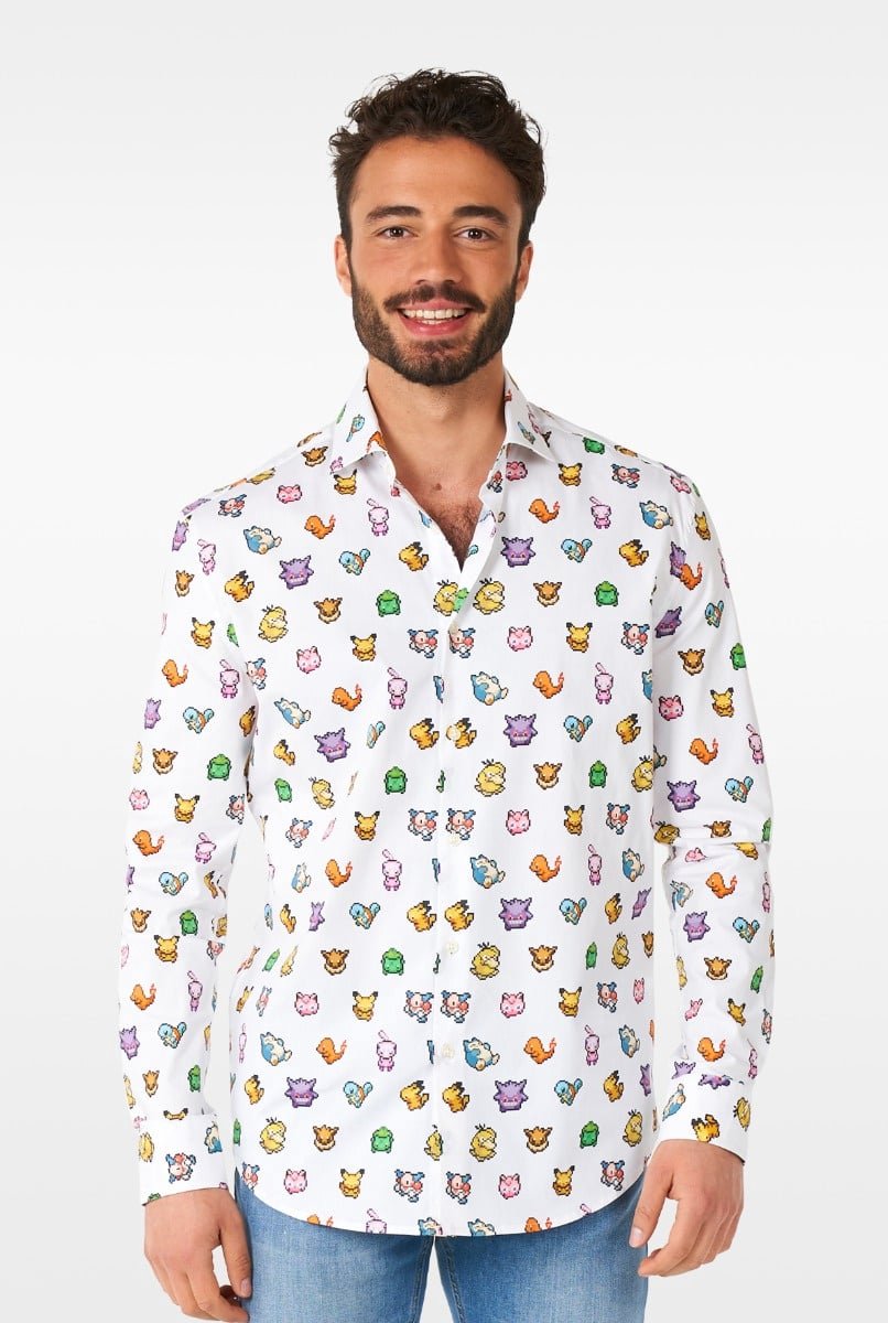 OppoSuits Lange Mouwen Overhemd Pixel Pokémon™ - Heren Carnavals Overhemd - Casual Gaming Pikachu Bulbasaur Squirtle Charmander Shirt - Wit - Maat EU 39/40