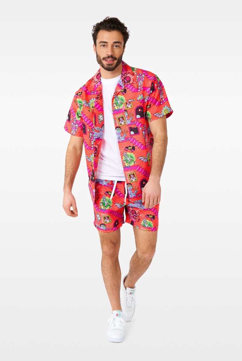 OppoSuits Rick & Morty™ Surreal Heren Zomer Set  - Bevat Shirt En Shorts - Tropische Zwem Kleding - Rood - Maat XXL