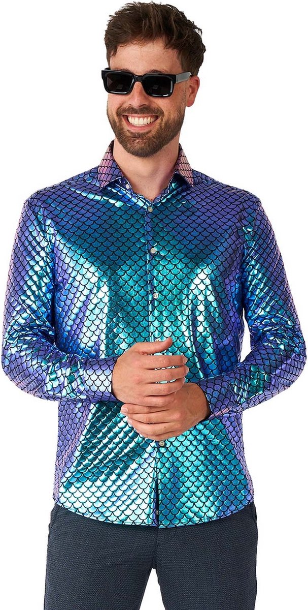 OppoSuits Shirt - Fancy Fish - Heren Overhemd - Carnavalskleding - Glimmend Shirt - Feest Shirt - Blauw - Maat: L