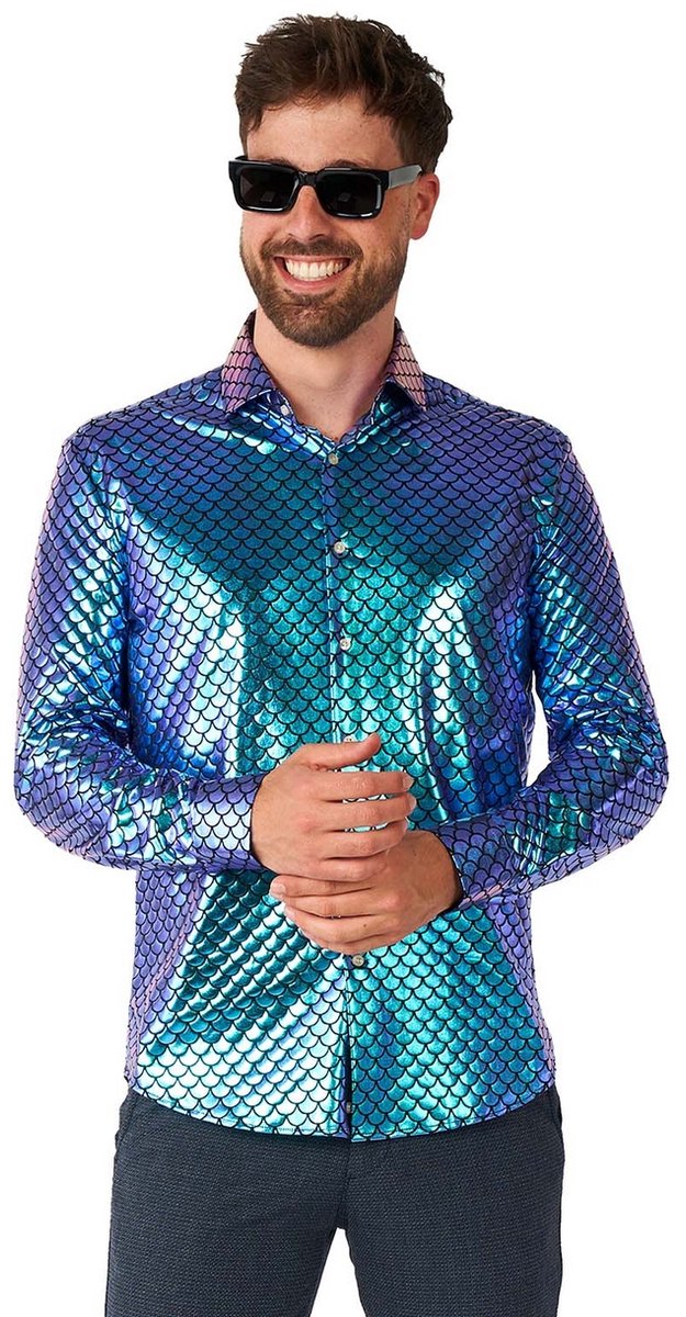 OppoSuits Shirt - Fancy Fish - Heren Overhemd - Carnavalskleding - Glimmend Shirt - Feest Shirt - Blauw - Maat: XS