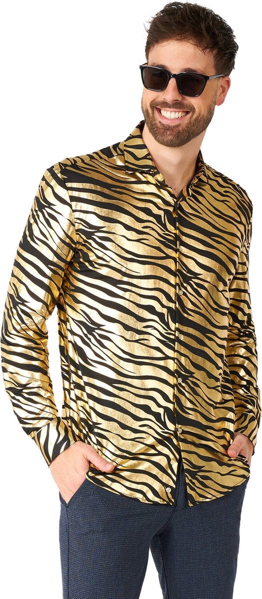 OppoSuits Shirt - Tiger Shiner - Heren Kerst Overhemd - Glimmend Shirt - Goud - Kerst - Maat: M