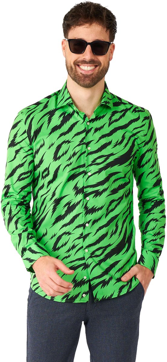 OppoSuits Shirt - Wild Animal - Heren Overhemd - Carnavalskleding - Neon Groen Shirt - Groen - Maat: M